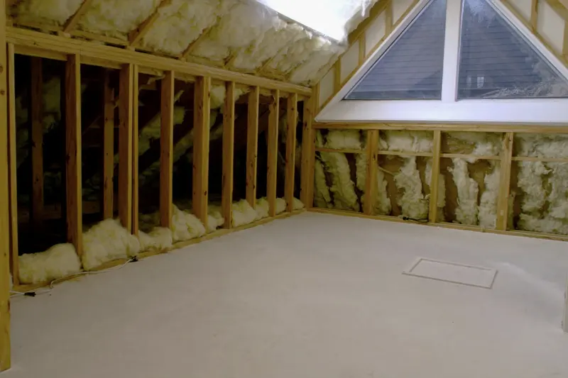 An attic with pale batts between the studs and rafters and a triangular gable window at the end