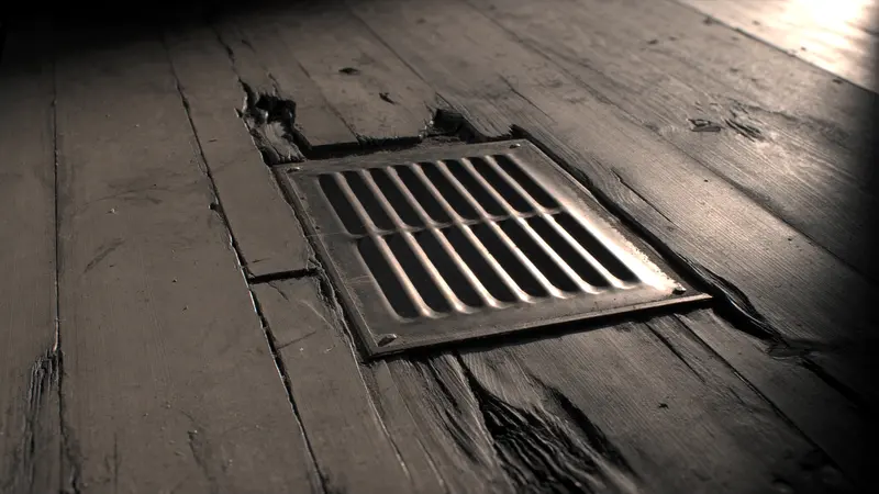 A stamped metal floor register set into old dark floorboards, lit by raking light